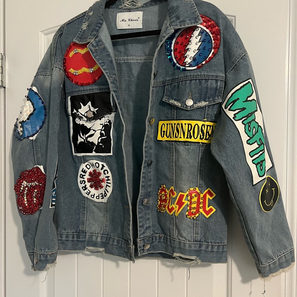 Oversized Distressed Blue Jean Jacket Hand Painted with Sequins.